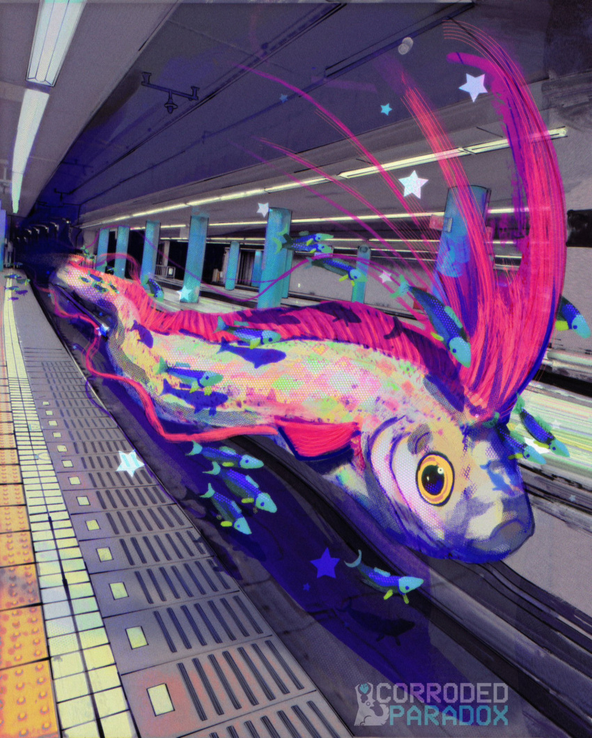animal, artist_logo, commentary, corrodedparadox, english_commentary, fish, giant_fist, highres, logo, no_humans, oarfish, original, star_(symbol), subway_station, tactile_paving, tile_floor, tiles