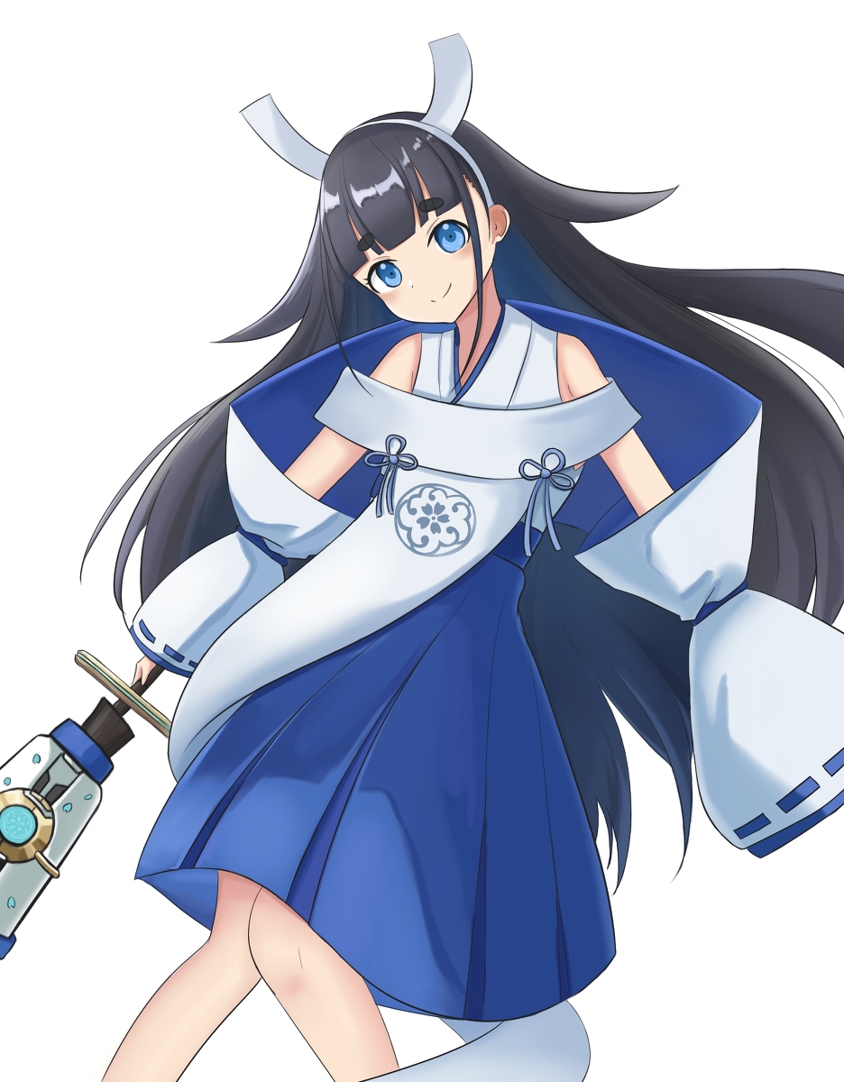 1girl, ancha_(itea111), black_hair, blue_eyes, broom, closed_mouth, duel_monster, hairband