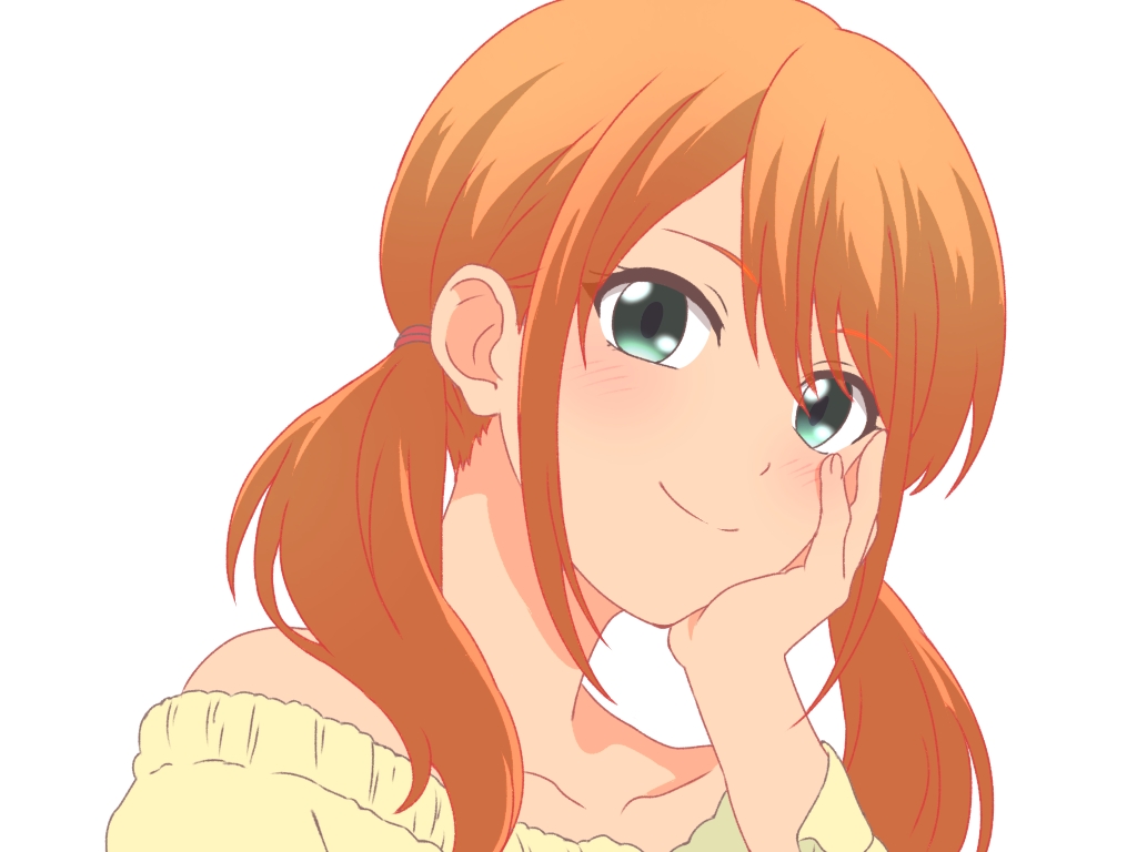 1girl, anime_coloring, bare_shoulders, blush, collarbone, green_eyes, hair_tie, hand_on_own_cheek