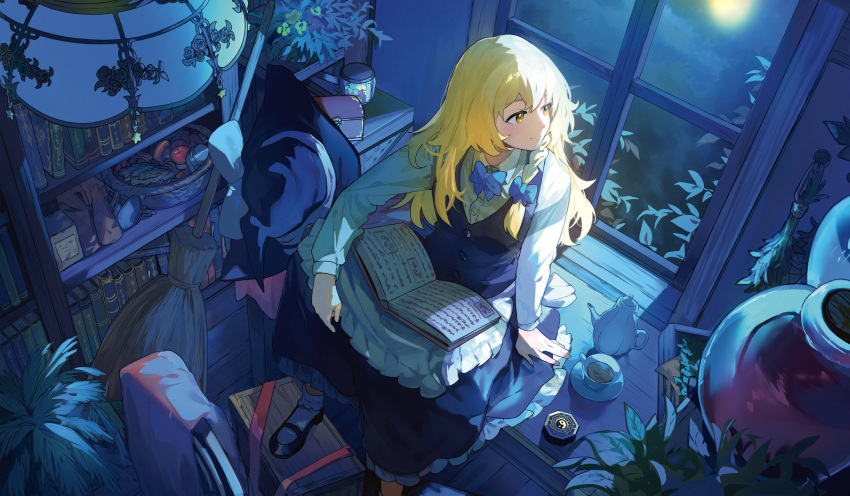 1girl, apron, basket, black_hat, black_shoes, black_skirt, black_vest, blonde_hair