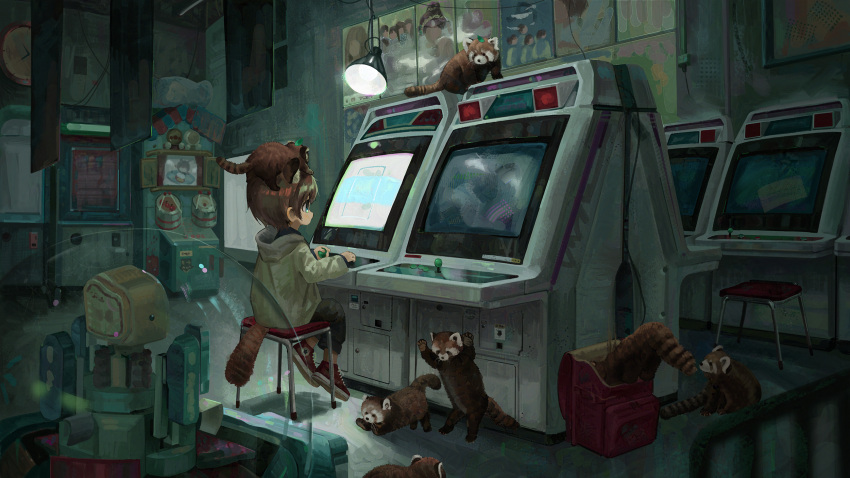 1boy, animal_ear_fluff, animal_on_head, anpanman, anpanman_(character), arcade, arcade_cabinet, backpack