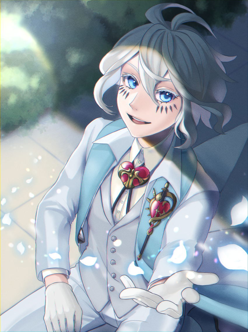 1boy, absurdres, blue_eyes, bolo_tie, day, gloves, grey_vest, hand_up, highres, imahuku, long_sleeves, looking_at_viewer, male_focus, medium_hair, monster_strike, moses_(monster_strike), outdoors, petals, smile, solo, vest, white_gloves, white_hair