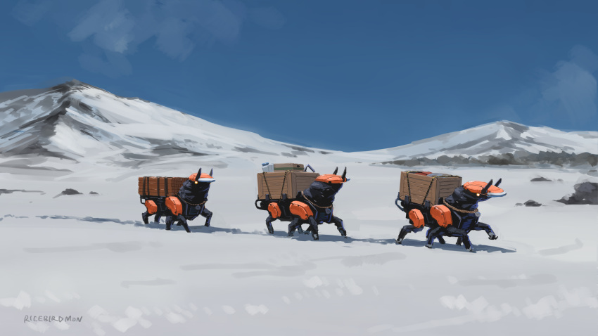 absurdres, blue_sky, box, caravan, cardboard_box, crate, day, highres