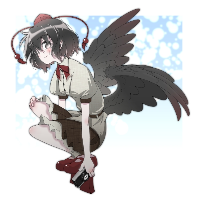 black_eyes, black_hair, geta, hat, kobatt, low_wings, shameimaru_aya, short_hair