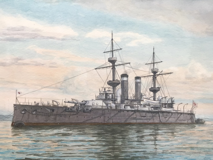 atelier_bono, battleship, cannon, flag, highres, imperial_japanese_navy, mast, military_vehicle, no_humans, ocean, original, painting_(medium), ship, ship_turret, sky, smokestack, traditional_media, vehicle_focus, warship, watercolor_(medium), watercraft, yashima_(battleship)
