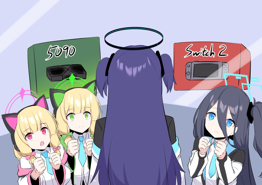 4girls, absurdly_long_hair, absurdres, animal_ear_headphones, animal_ears, aqua_halo, aris_(blue_archive), black_hair