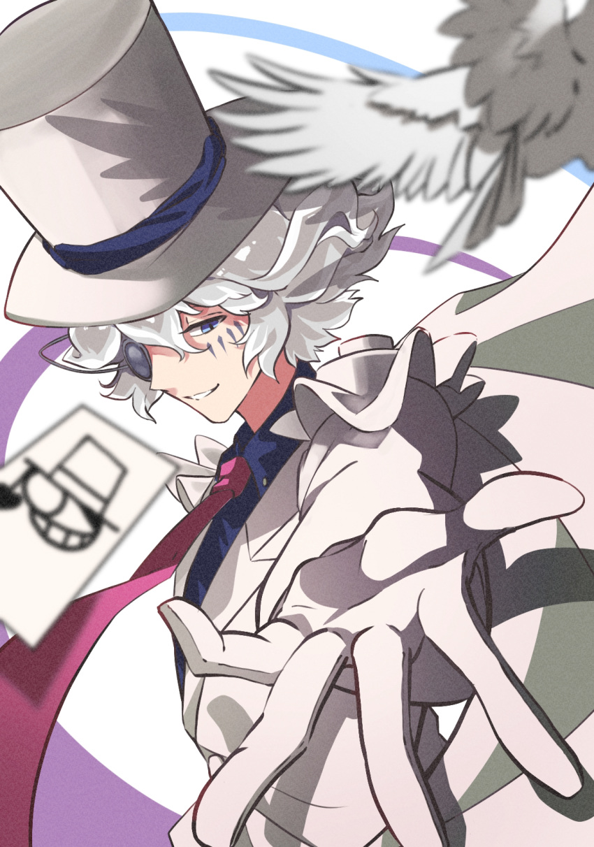 1boy, bird, cape, facial_mark, gloves, hat, highres, male_focus