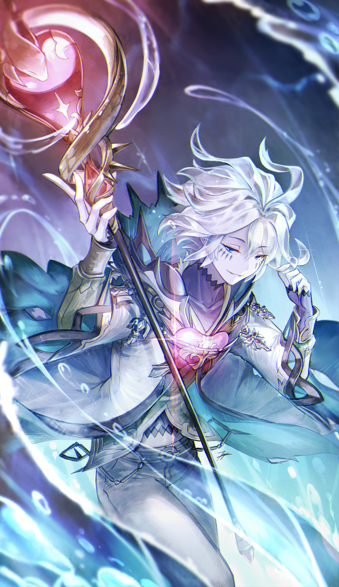 1boy, blue_eyes, coat, facial_mark, hand_up, highres, holding, holding_staff