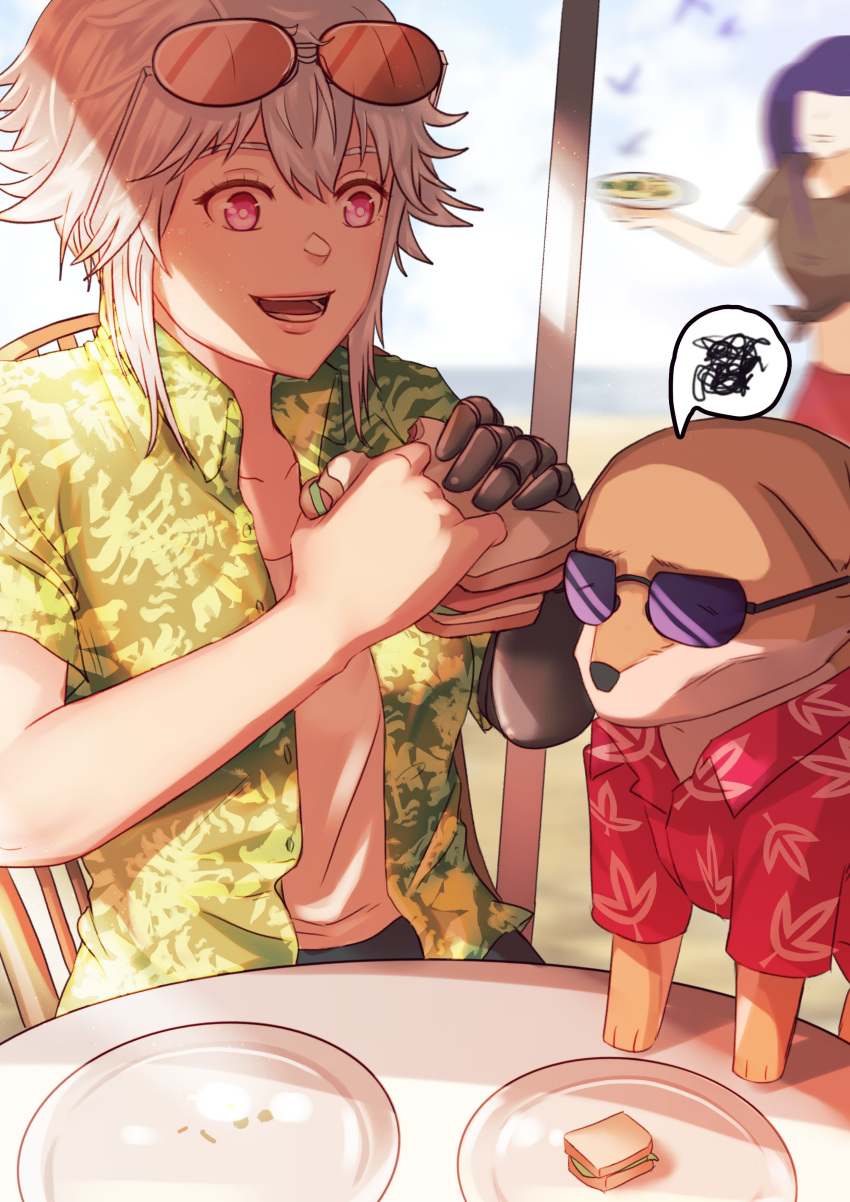 2girls, absurdres, alternate_costume, beach, dana_zane, disappointed, eyewear_on_head, food