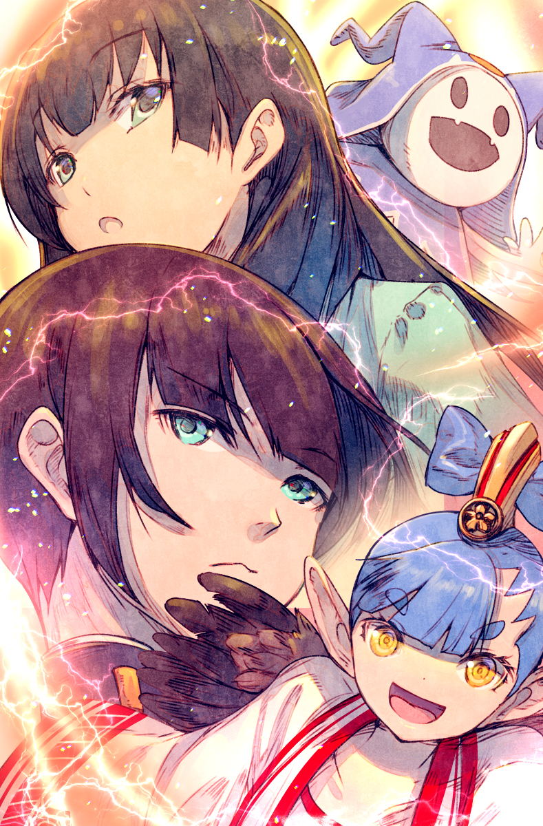 2boys, 2girls, :/, :d, :o, amanozako_(megami_tensei), aqua_eyes, aqua_jacket