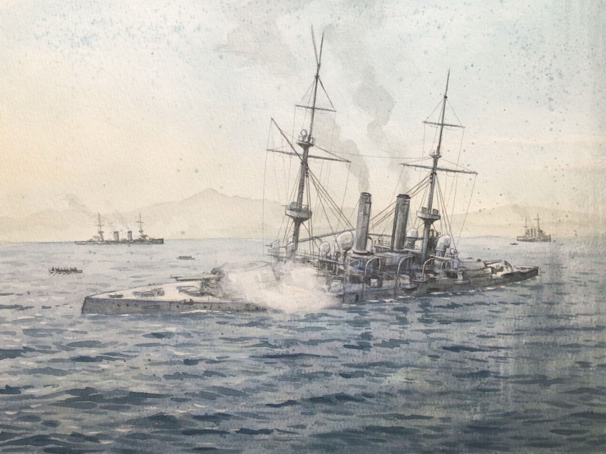 atelier_bono, battleship, cannon, clouds, cloudy_sky, commentary, highres, historical_event
