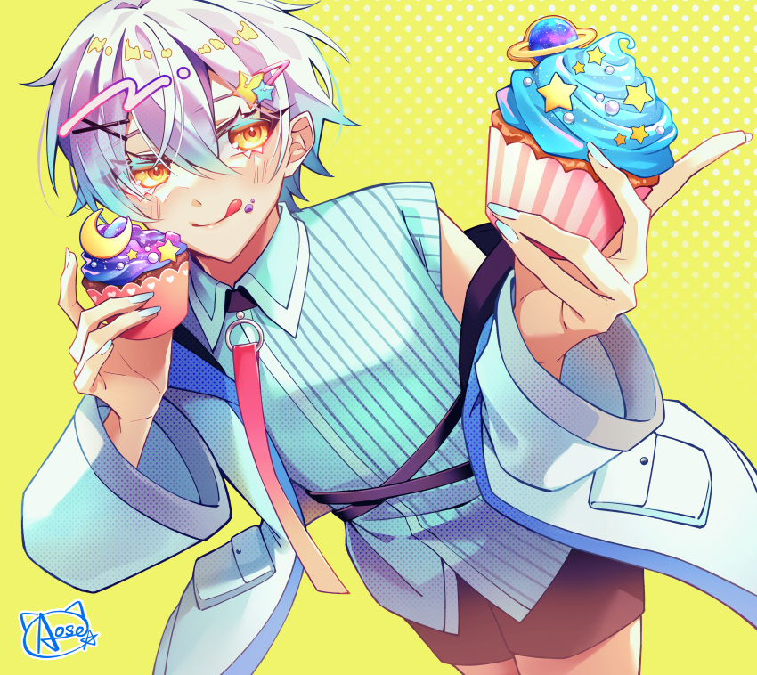 1boy, :p, absurdres, aose_(_aose242), closed_mouth, coat, cupcake, english_commentary, food, food_on_face, green_background, highres, holding, holding_food, necktie, original, shirt, short_hair, shorts, simple_background, smile, solo, striped_clothes, striped_shirt, tongue, tongue_out, white_coat, white_hair, yellow_eyes