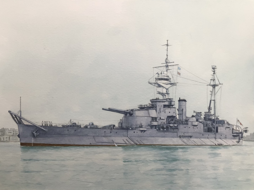 atelier_bono, cannon, clouds, cloudy_sky, commentary_request, flag, highres, hms_abercrombie