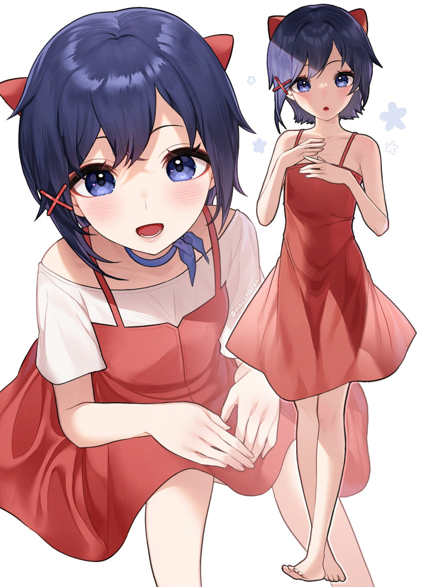 1girl, :o, bare_arms, barefoot, blue_choker, blue_eyes, blue_hair, blush