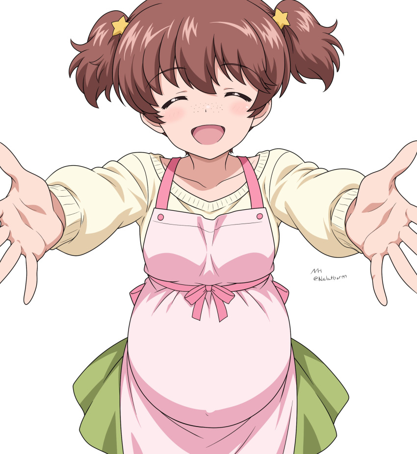 1girl, absurdres, alisa_(girls_und_panzer), apron, blush, breasts, brown_hair, closed_eyes