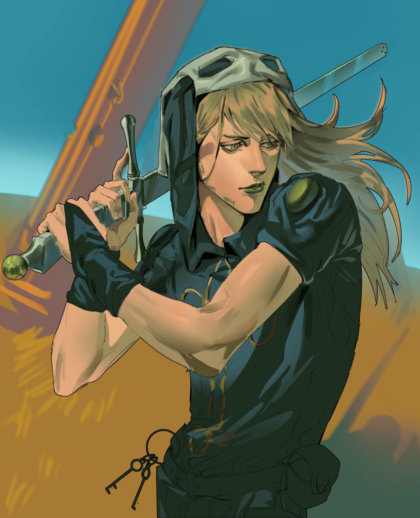 1boy, absurdres, beard, black_bridal_gauntlets, black_shirt, bridal_gauntlets, brown_hair, executioner's_sword