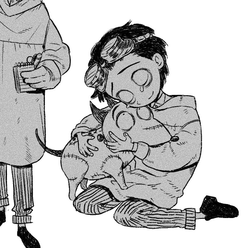 black_hair, black_shoes, closed_eyes, dog, frankenweenie, goggles, goggles_on_head, greyscale