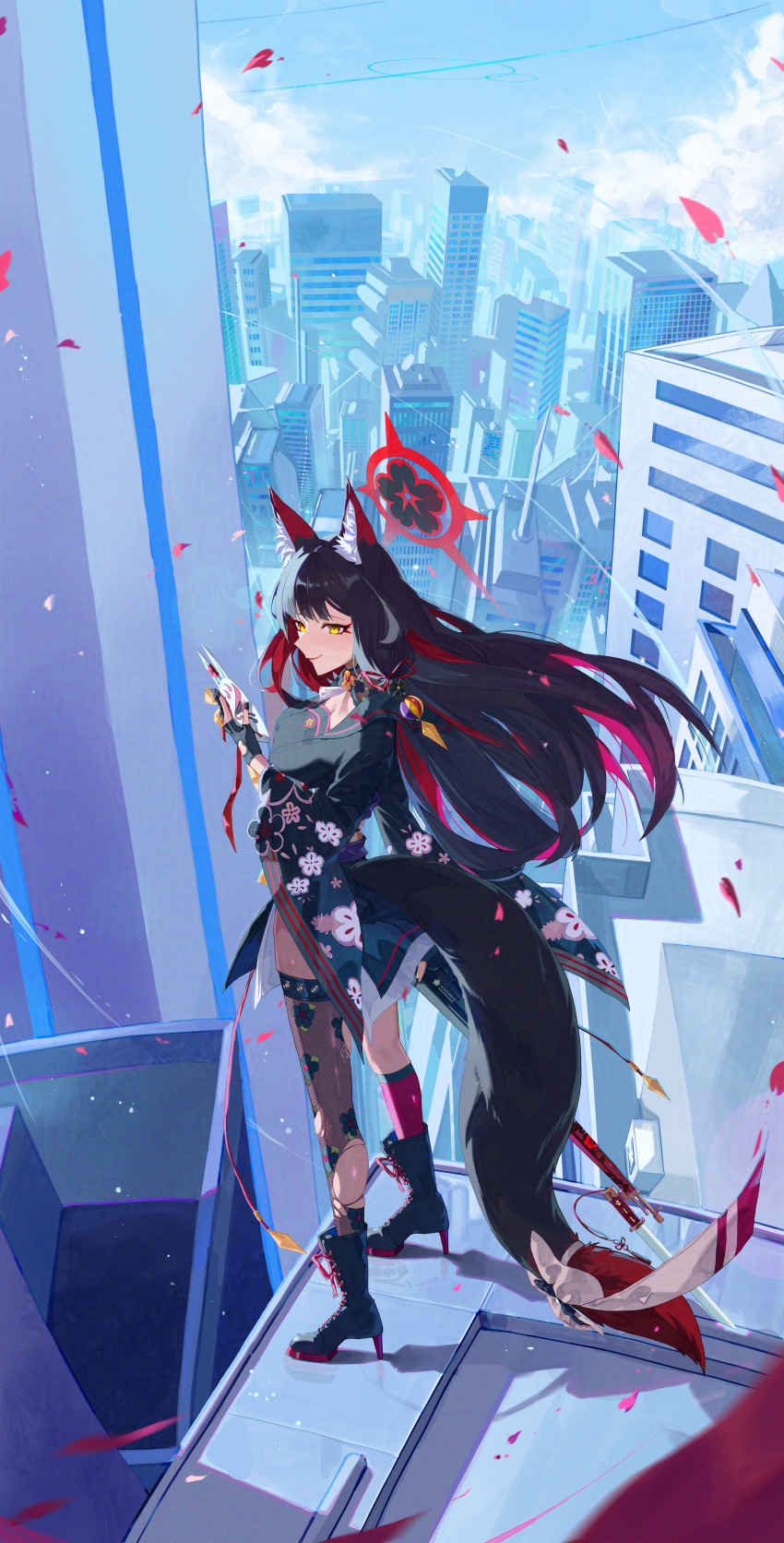 1girl, absurdres, animal_ear_fluff, animal_ears, arisaka, black_boots, black_hair, black_kimono