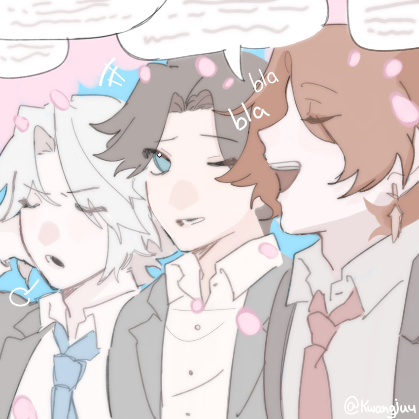 3boys, angeal_hewley, angeal_hewley_(shinra_private_academy), black_hair, blue_eyes, blue_necktie, brown_hair, cherry_blossoms, closed_eyes, day, earrings, english_commentary, falling_petals, final_fantasy, final_fantasy_vii, final_fantasy_vii_ever_crisis, genesis_rhapsodos, grey_hair, grey_jacket, hair_intakes, highres, jacket, jewelry, kwang_juu, light_smile, male_focus, multiple_boys, necktie, official_alternate_costume, one_eye_closed, open_mouth, outdoors, parted_bangs, petals, pink_petals, red_necktie, school_uniform, sephiroth, sephiroth_(shinra_formal_uniform), shirt, short_hair, sigh, signature, speech_bubble, talking, upper_body, white_shirt