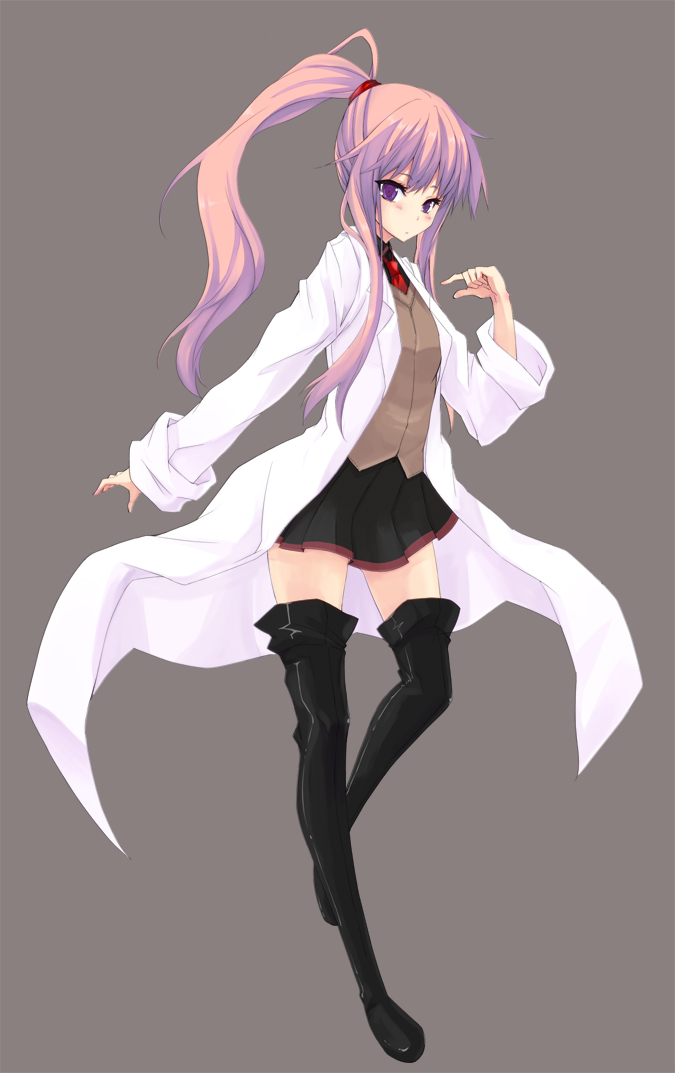 blush, boots, coat, labcoat, long_hair, original, pleated_skirt, ponytail