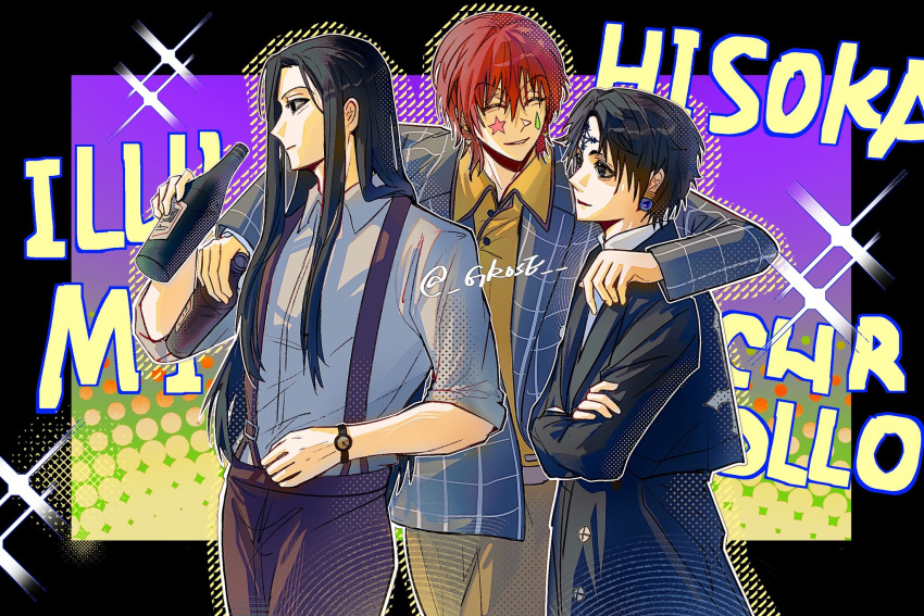 3boys, arm_around_shoulder, black_border, black_hair, black_jacket, black_pantyhose, border, bottle