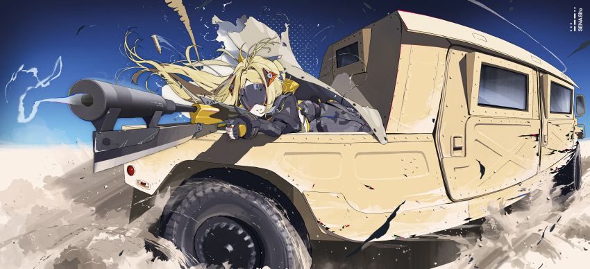 1girl, absurdres, aiming, aiming_at_viewer, black_blindfold, black_gloves, black_pants, black_shrug