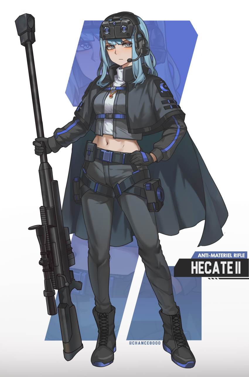 1girl, absurdres, belt, belt_pouch, black_gloves, blue_hair, boots, breasts
