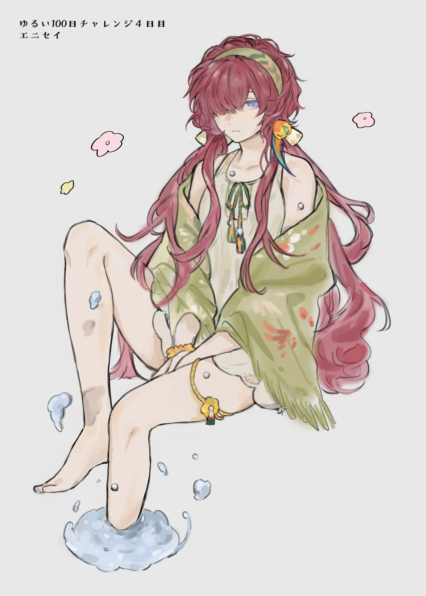 1girl, absurdres, bare_legs, barefoot, blue_eyes, capelet, character_name, closed_mouth