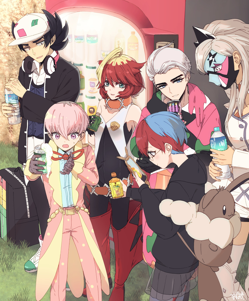 3boys, 3girls, absurdres, ahoge, atticus_(pokemon), baseball_cap, belt, black_bag