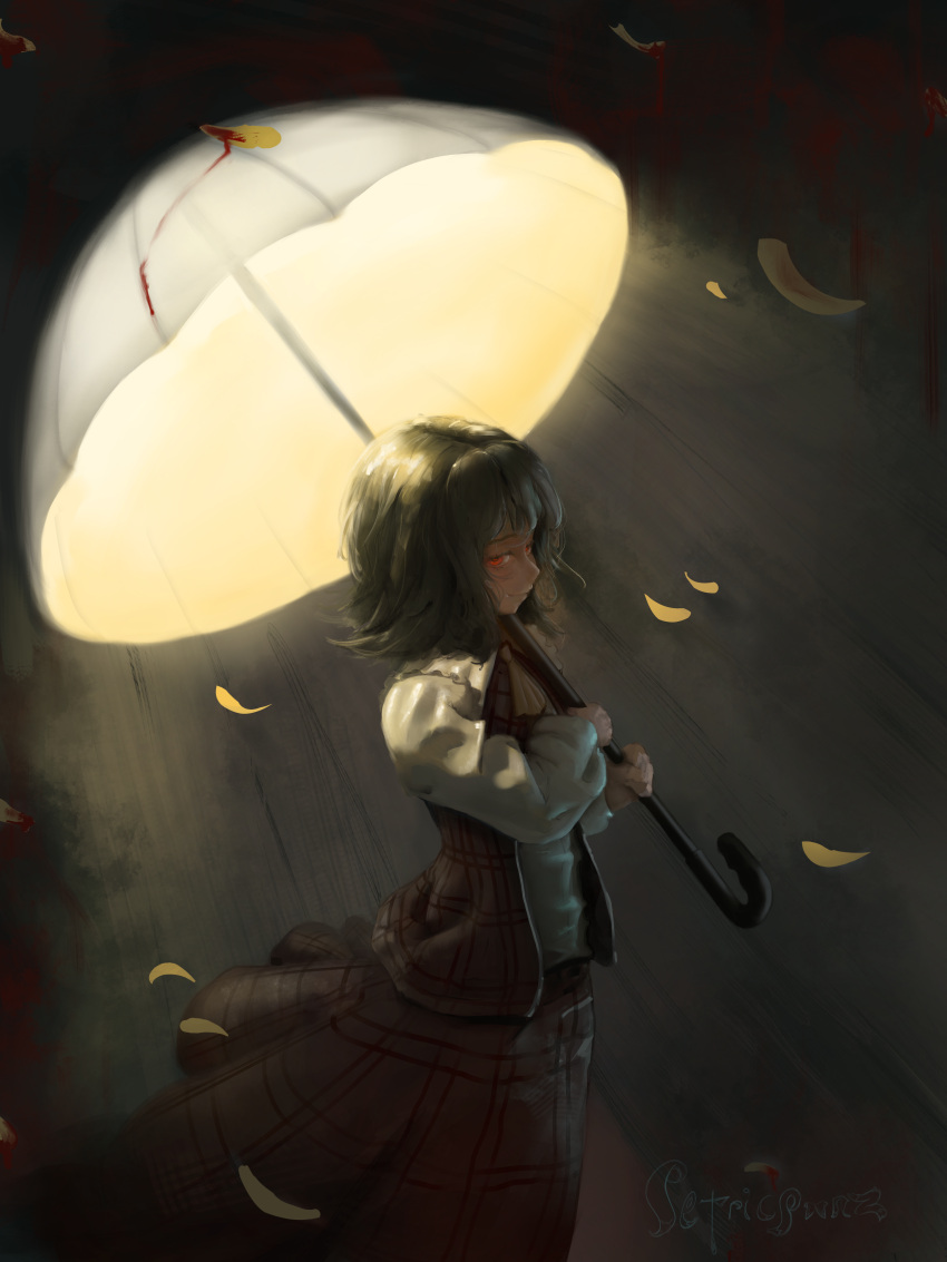 1girl, absurdres, ascot, blood, blood_stain, collared_shirt, colored_eyelashes, dark_background, english_commentary, evil_smile, falling_petals, feet_out_of_frame, frilled_shirt, frills, glowing, glowing_eyes, green_hair, highres, holding, holding_umbrella, kazami_yuuka, long_skirt, long_sleeves, looking_at_viewer, medium_hair, open_clothes, open_vest, petals, petricpwnz, plaid_clothes, plaid_skirt, plaid_vest, red_eyes, red_skirt, red_vest, shirt, sidelighting, signature, skirt, smile, solo, three_quarter_view, touhou, umbrella, vest, white_shirt, white_umbrella, yellow_ascot, yellow_petals