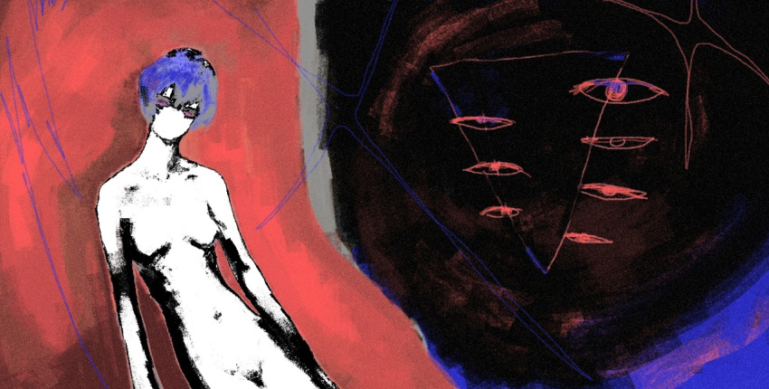 1other, abstract, angel_(evangelion), blue_hair, colored_skin, completely_nude, faceless, figure, looking_at_viewer, lying, nahzar777, neon_genesis_evangelion, nude, on_back, short_hair, white_skin