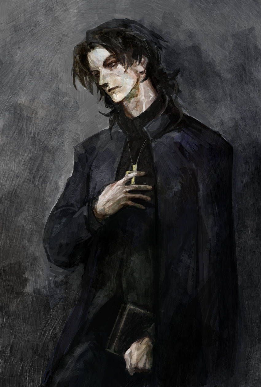 1boy, absurdres, black_hair, book, cross, cross_necklace, fate/stay_night, fate_(series)