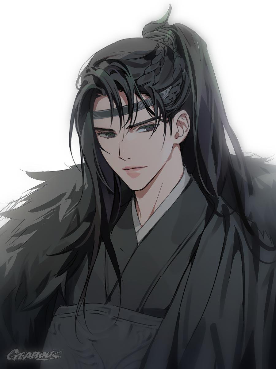 1boy, artist_name, black_eyes, black_hair, black_hanfu, black_headband, braid, chinese_clothes, closed_mouth, fur_trim, gearous, hanfu, headband, highres, long_hair, looking_at_viewer, male_focus, parted_lips, ponytail, qiang_jin_jiu, simple_background, solo, upper_body, white_background, xiao_chiye