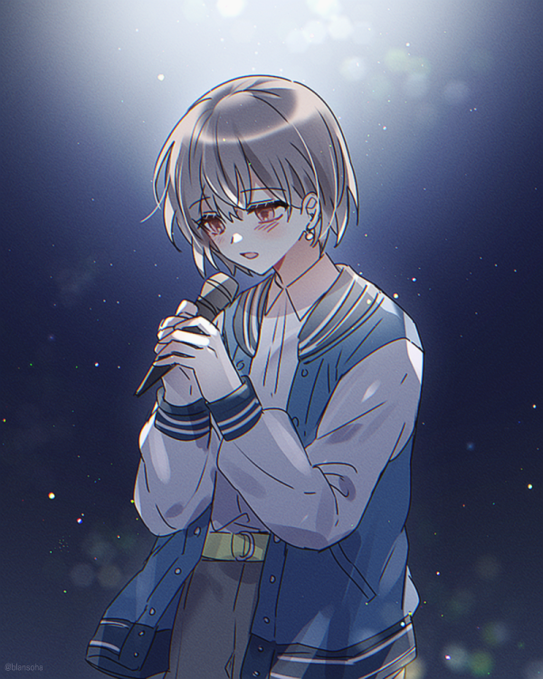 1girl, bang_dream!, bang_dream!_it's_mygo!!!!!, belt, blue_jacket, blush, brown_eyes, collared_shirt