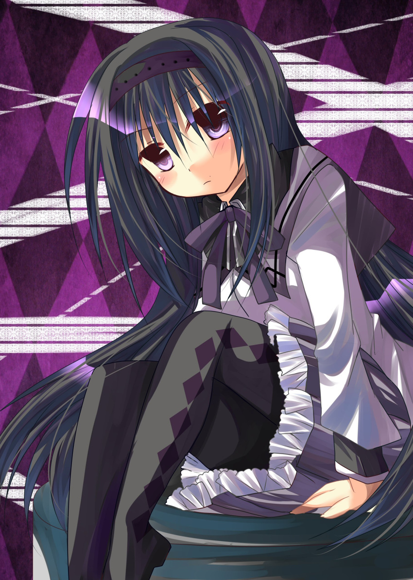 absurdres, akemi_homura, black_hair, boots, frills, frown, hairband, highres