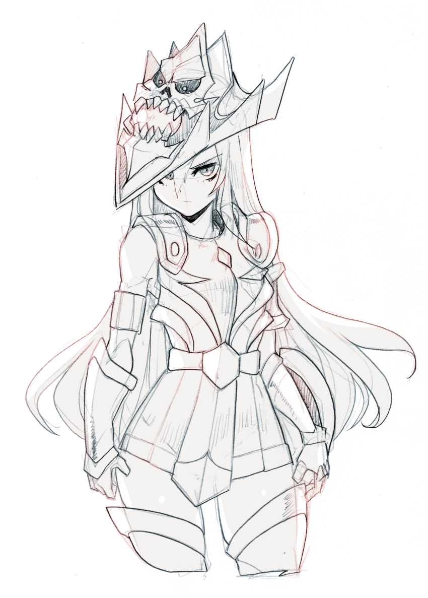 1girl, absurdres, angry, armor, armored_skirt, breasts, buckle, commentary