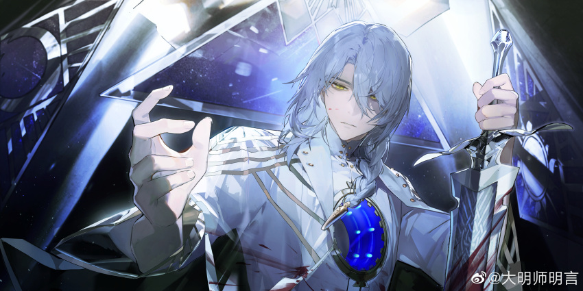 1boy, absurdres, blood, blood_on_clothes, blood_on_weapon, braid, damingshimingyan, girls'_frontline_neural_cloud, girls_frontline, high_collar, highres, holding, holding_sword, holding_weapon, hole_in_chest, hole_on_body, jacket, looking_at_viewer, lord_eosphoros_(neural_cloud), male_focus, official_art, reaching, reaching_towards_viewer, shirt, solo, sword, upper_body, watermark, weapon, weibo_username, weibo_watermark, white_hair, white_jacket, white_shirt, yellow_eyes