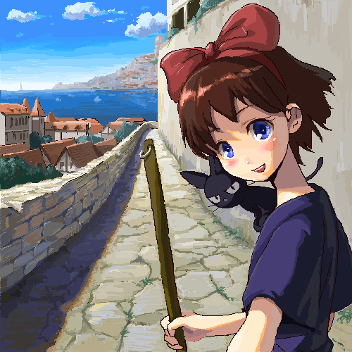 black_cat, black_cat_(animal), blue_eyes, bow, broom, brown_hair, cat, city
