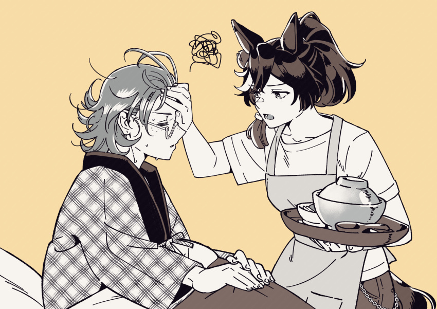 2girls, =_=, animal_ears, apron, bowl, chain, closed_eyes, collarbone