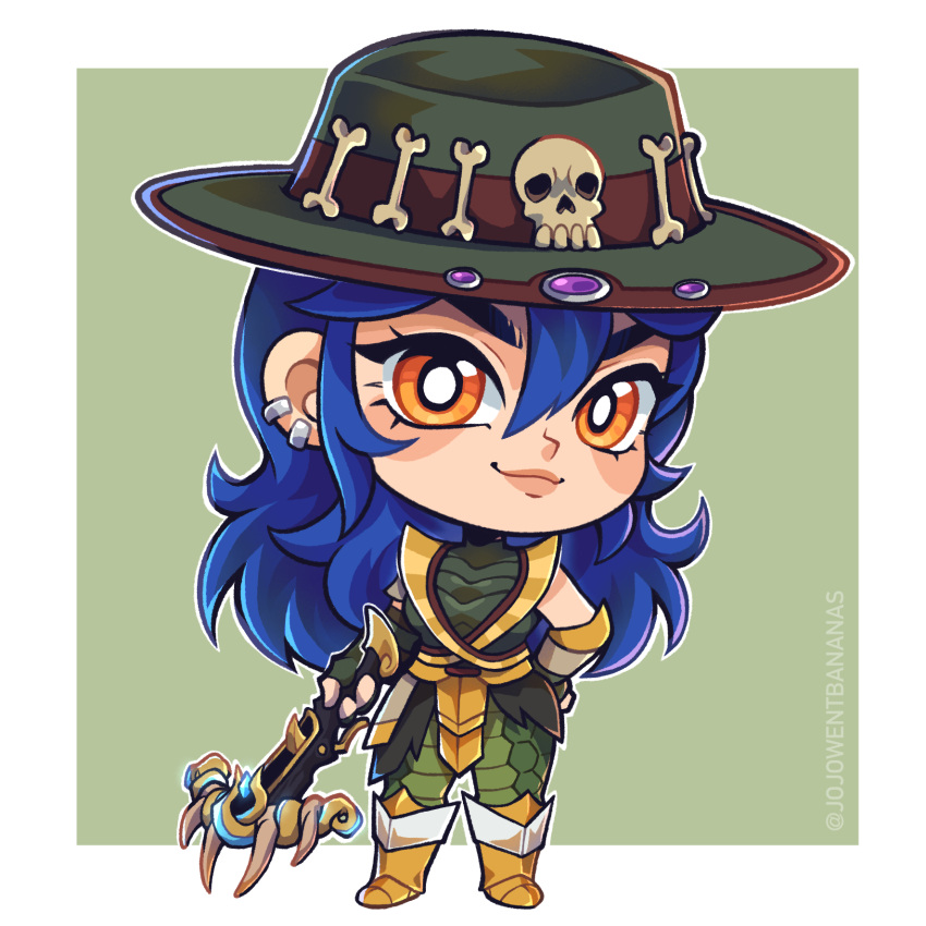 1girl, animal_skin_dress, armor, armored_boots, artist_name, black_gloves, blue_hair, bone