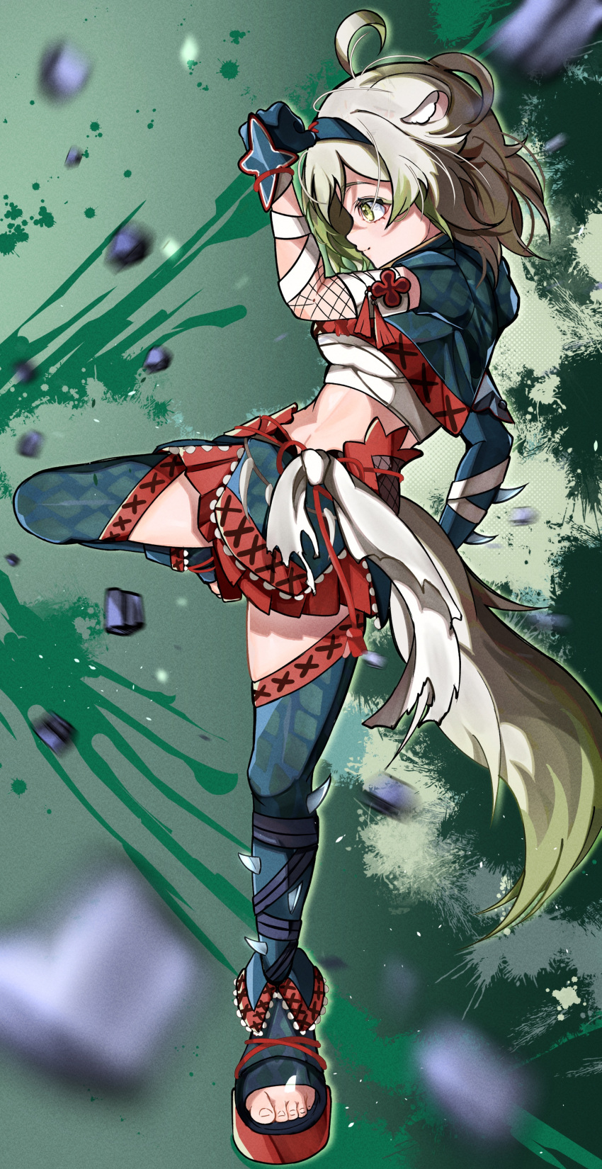 absurdres, ahoge, animal_ears, armor, bandaged_arm, bandaged_chest, bandages, bob_cut