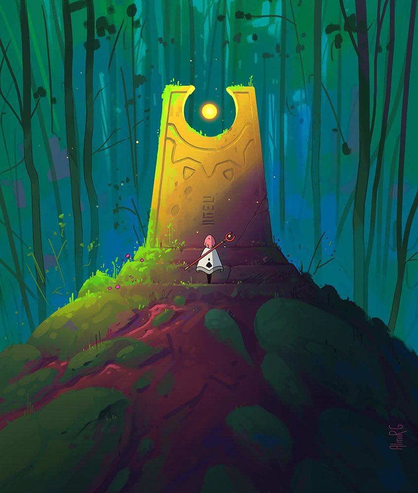 1girl, almirgusic, artist_name, bare_tree, cape, forest, from_behind, full_body