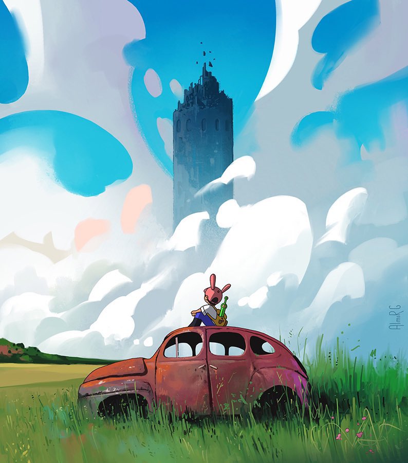 1boy, abandoned, almirgusic, animal_ears, artist_name, backpack, bag, black_hair, blue_sky, boots, building, clouds, cloudy_sky, day, facing_away, field, grass, hat, motor_vehicle, nature, original, outdoors, pants, rabbit_ears, ruins, scenery, shirt, short_hair, signature, sitting, sky, solo