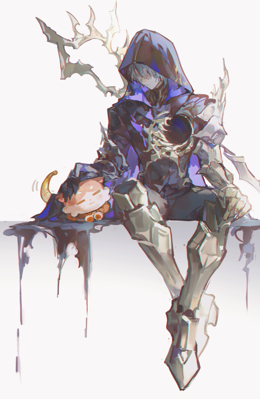 1boy, absurdres, armor, armored_boots, armored_gloves, black_cloak, black_pants, boots