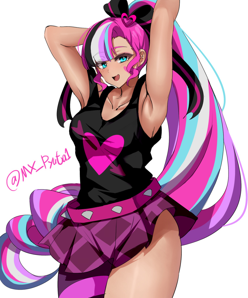 1girl, belt, blue_eyes, bow, bow-shaped_hair, cookie_run, cookie_run:_kingdom, hair_bow, highres, humanization, long_hair, looking_at_viewer, multicolored_hair, mx_pyuta1, pink_hair, shining_glitter_cookie, skirt, smile, solo, tank_top, two-tone_hair, very_long_hair