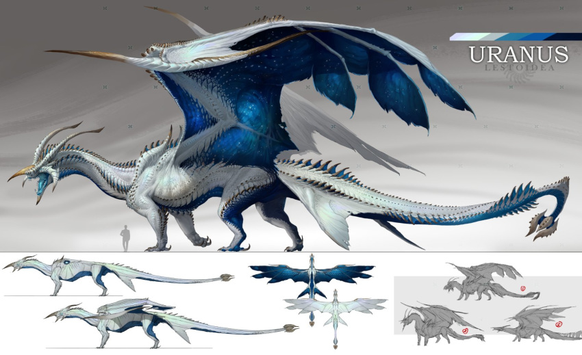 animal_focus, blue_tongue, chasemakouchi, claws, colored_tongue, dragon, from_side, full_body, grey_background, highres, horns, monster, no_humans, open_mouth, original, reference_sheet, tail, wings