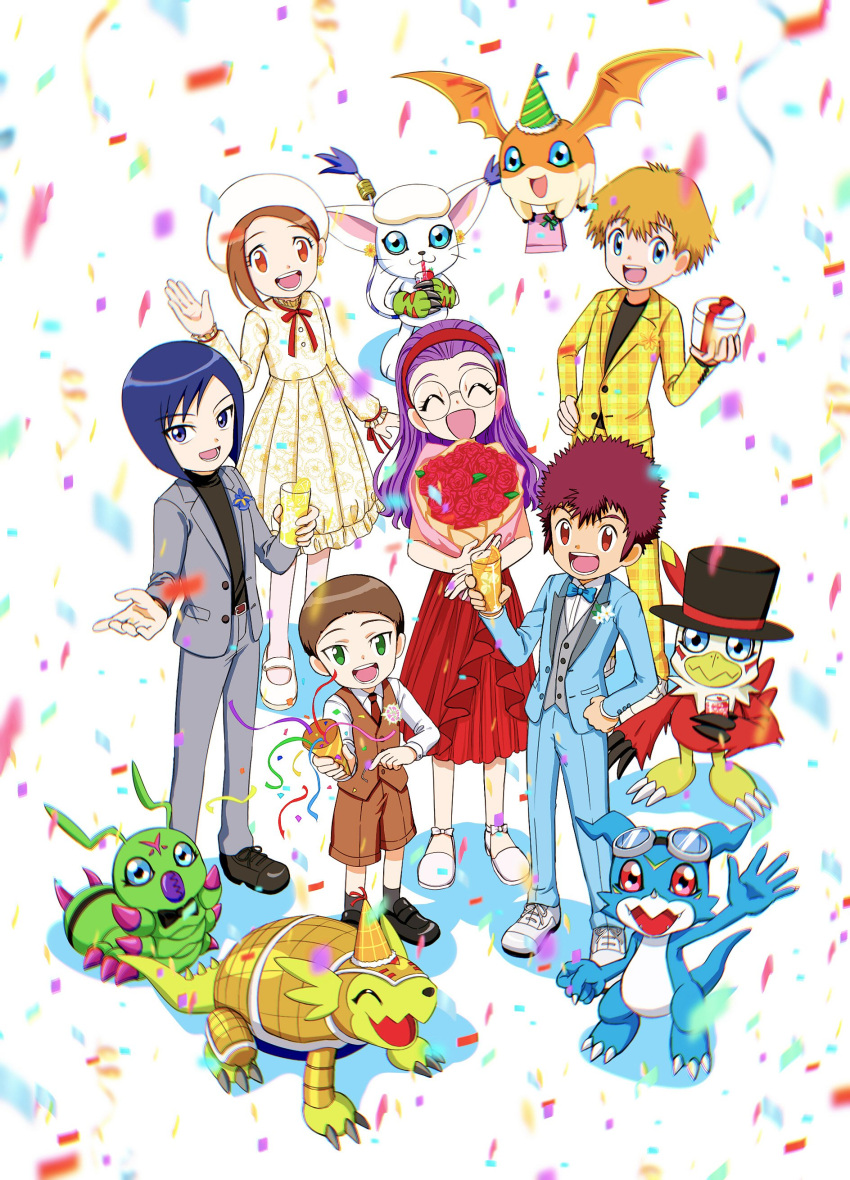 3girls, 6+boys, absurdres, anniversary, armadillo, armadimon, beak, bird