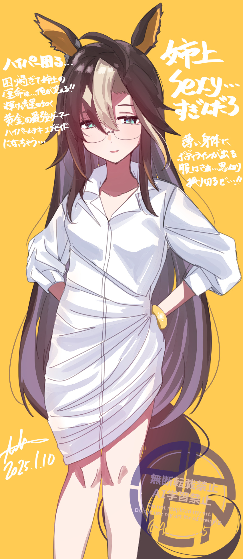 1girl, absurdres, animal_ears, arlcn_(arlcn_1115), blonde_hair, blue_eyes, bracelet, brown_hair