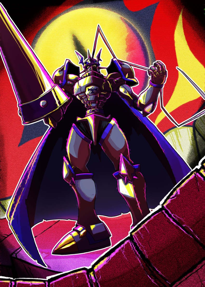 armor, blue_cape, cape, chaosdukemon, digimon, digimon_(creature), full_body, highres