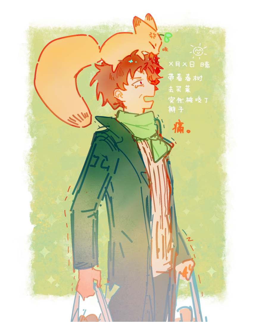 1boy, animal_on_head, animalization, atou_haruki, bag, black_coat, black_pants, border
